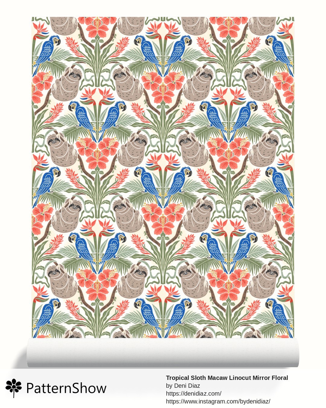 Tropical Sloth Macaw Linocut Mirror Floral Sage Cobalt Mustard Olive  wallpaper - Tropical Sloth Macaw Linocut Mirror Floral Sage Cobalt Mustard Olive (S)