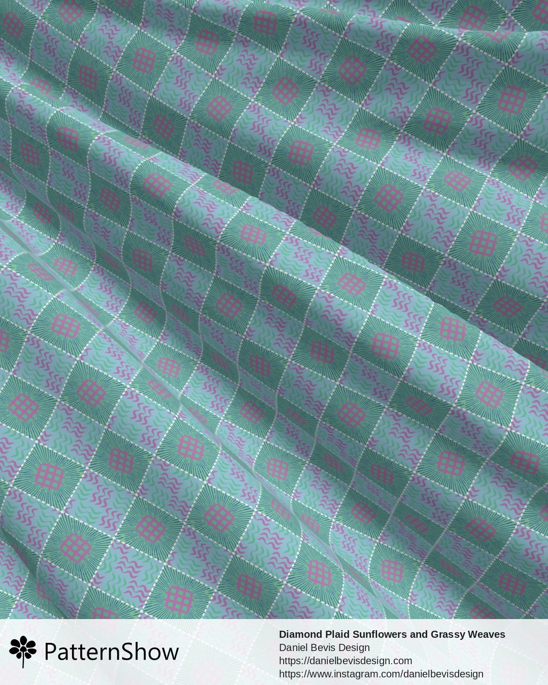 Diamond Plaid Sunflowers and Grassy Weaves - Island Wave Blue, Teal and Purple