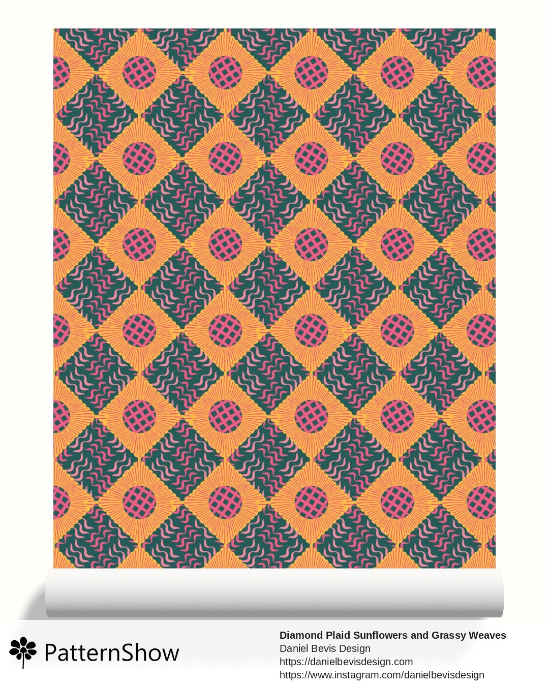 Diamond Plaid Sunflowers and Grassy Weaves wallpaper - Summer Blush and Bayberry Green