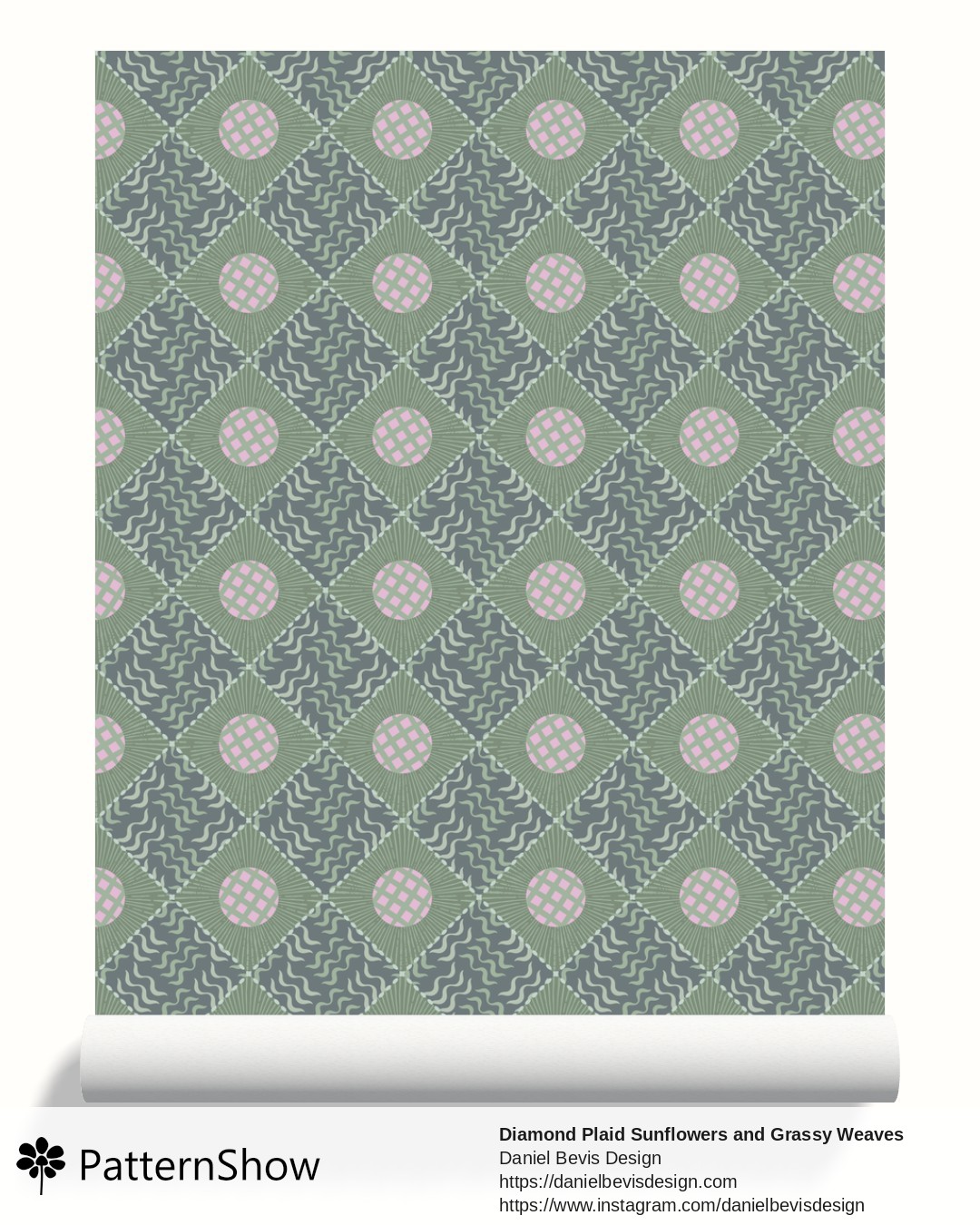 Diamond Plaid Sunflowers and Grassy Weaves wallpaper - Eucalyptus 