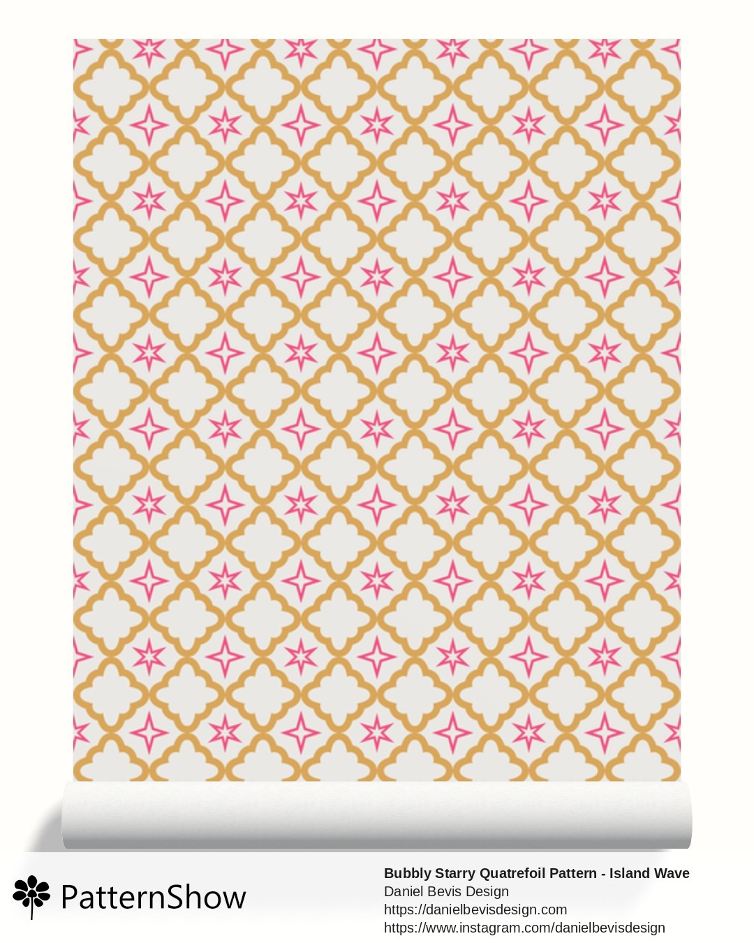 Bubbly Starry Quatrefoil Pattern - Island Wave Blue, Sunshine Yellow and White wallpaper - Blossom Pink, Gold and White