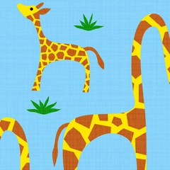 Looking Up to You - Baby Giraffe Mom Dad  - Yellow and Brown Giraffe on Blue Background