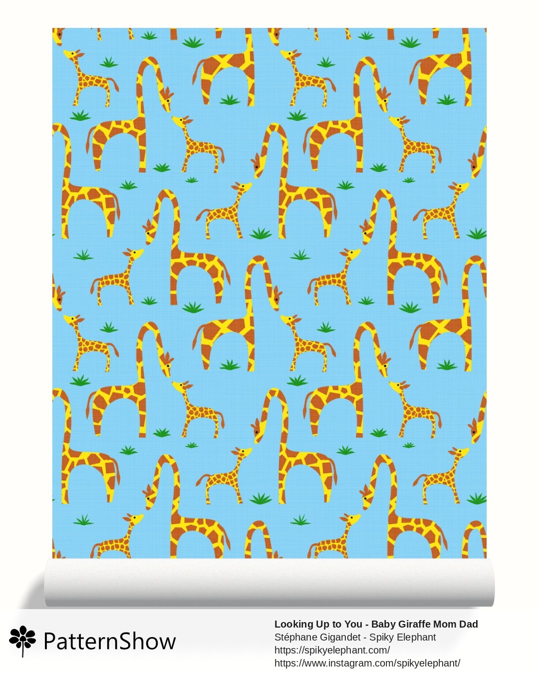 Looking Up to You - Baby Giraffe Mom Dad  wallpaper - Yellow and Brown Giraffe on Blue Background