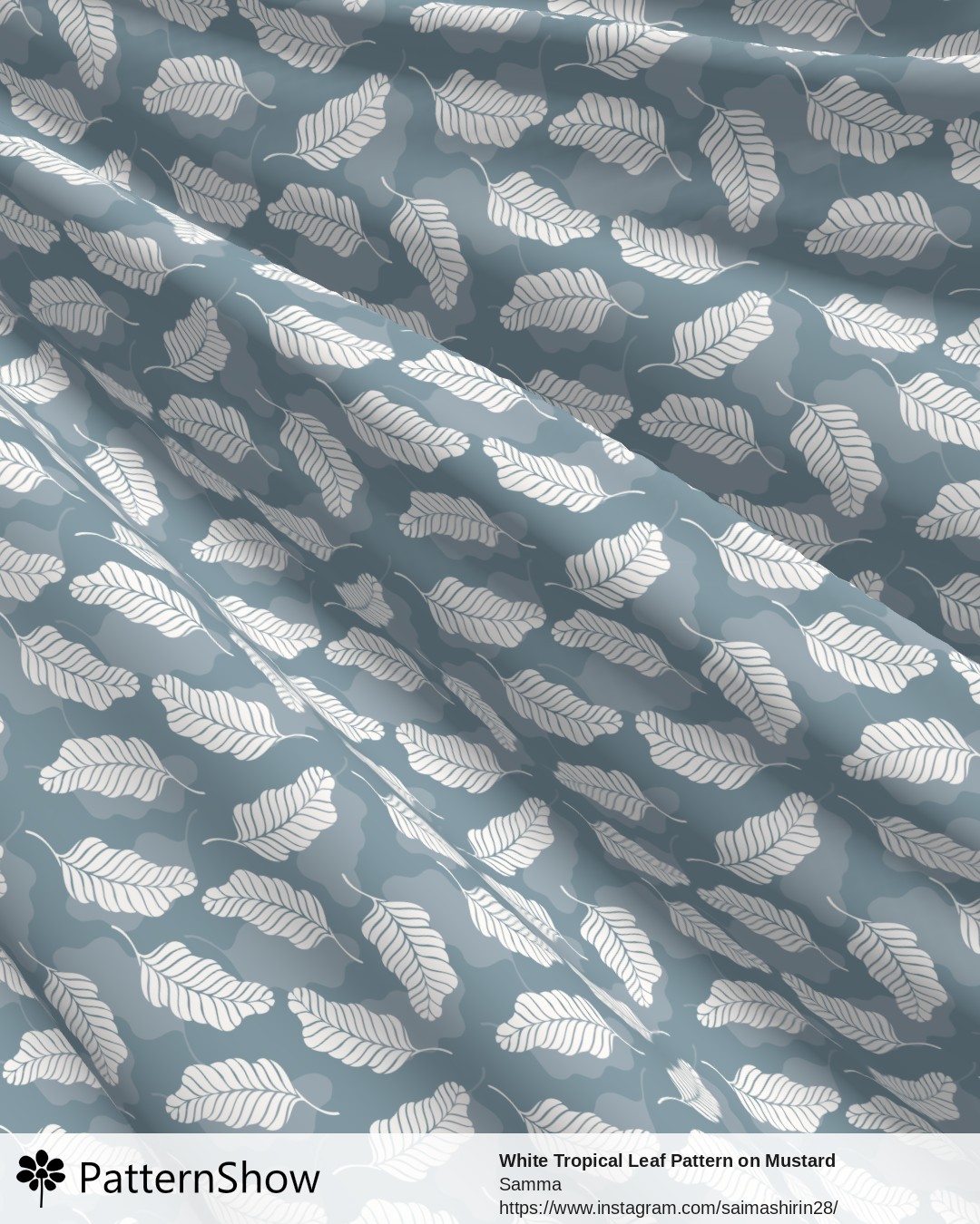 White Tropical Leaf Pattern on Mustard Background - Dusty Blue and White