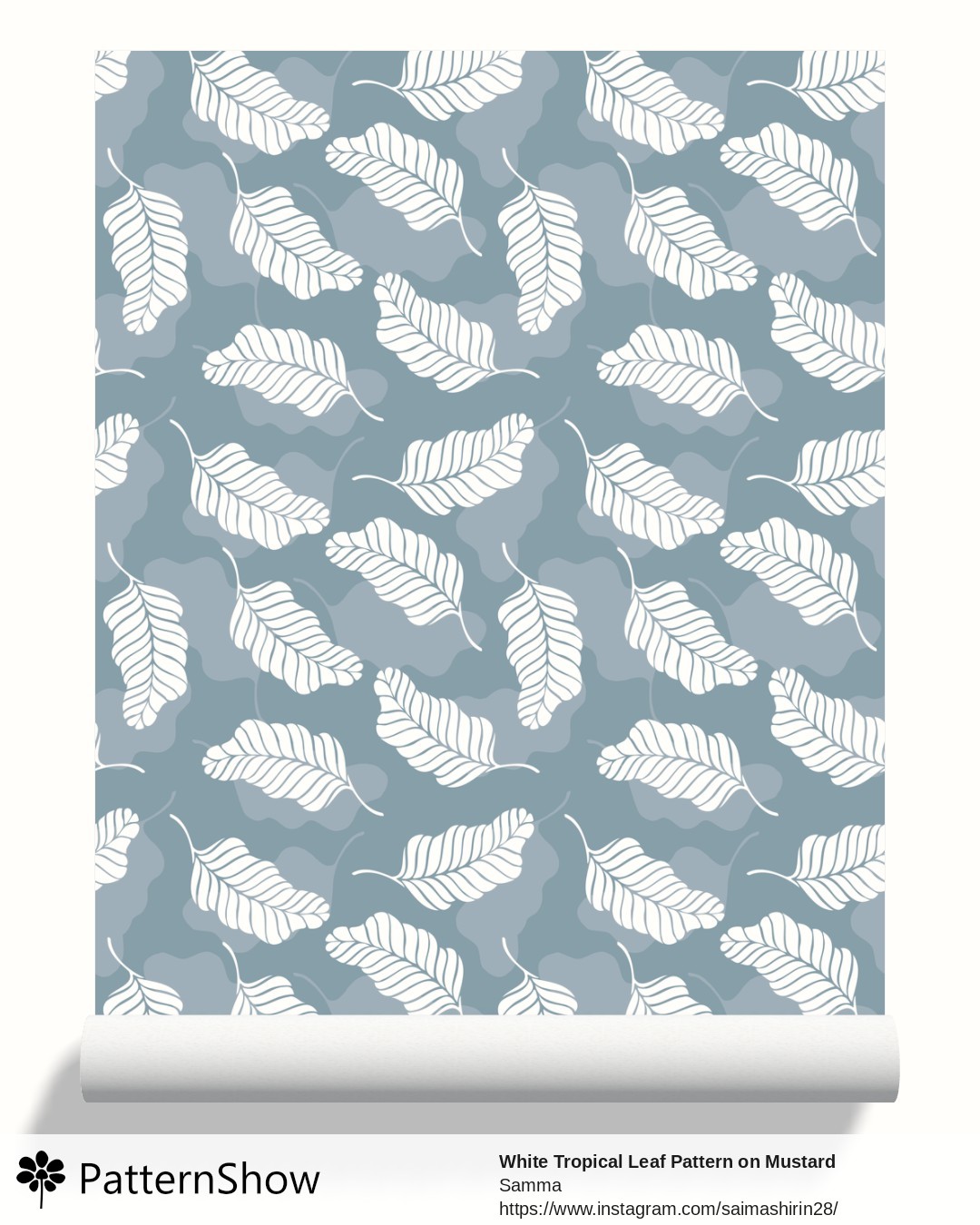 White Tropical Leaf Pattern on Mustard Background wallpaper - Dusty Blue and White