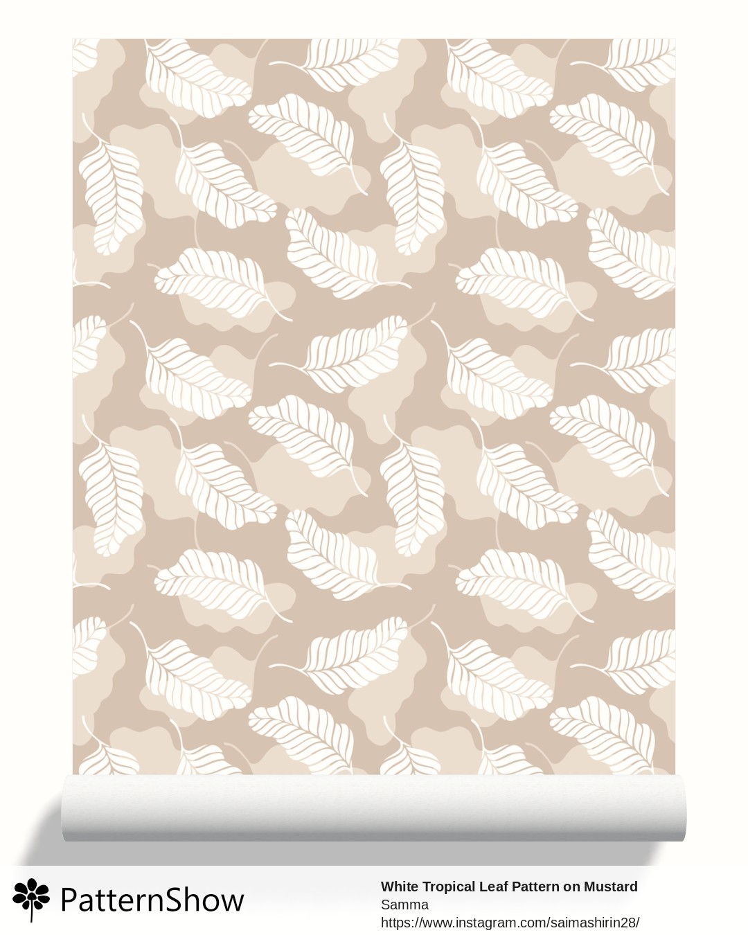 White Tropical Leaf Pattern on Mustard Background wallpaper - Warm Beige and White