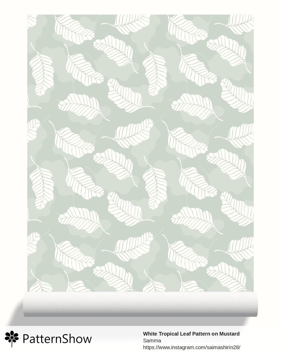 White Tropical Leaf Pattern on Mustard Background wallpaper - Soft Sage Green and White