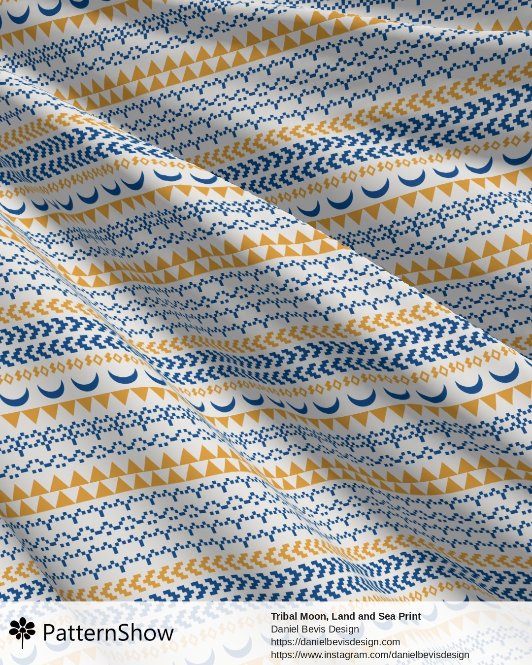 Tribal Moon, Land and Sea Print - Greek Blue, Gold & White