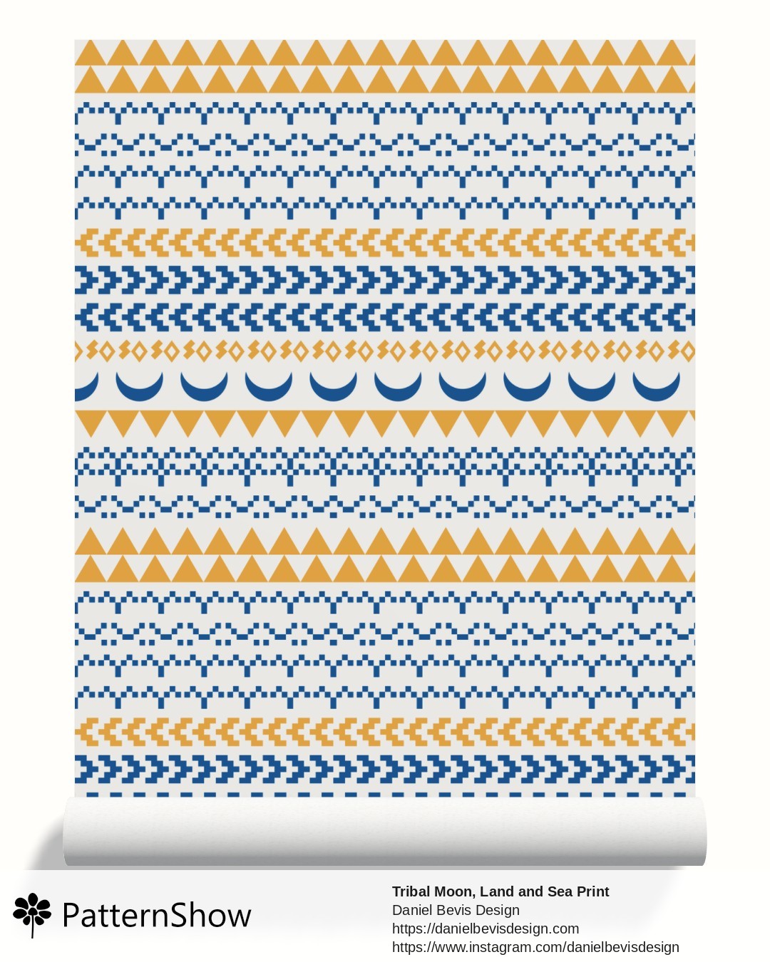 Tribal Moon, Land and Sea Print wallpaper - Greek Blue, Gold & White