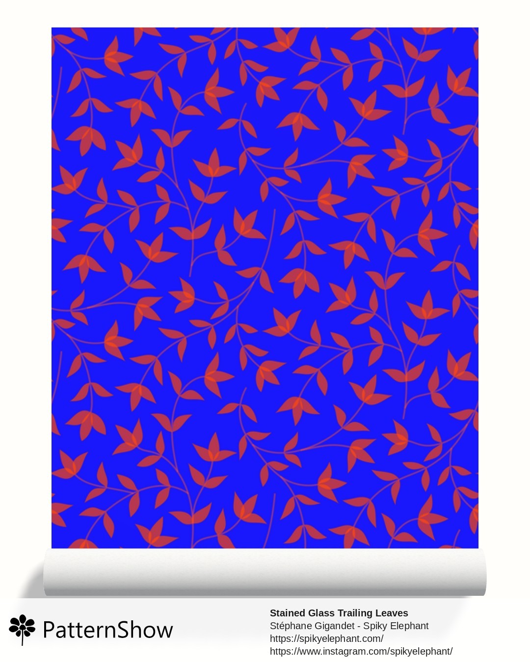 Stained Glass Trailing Leaves wallpaper - Electric Blue and Red