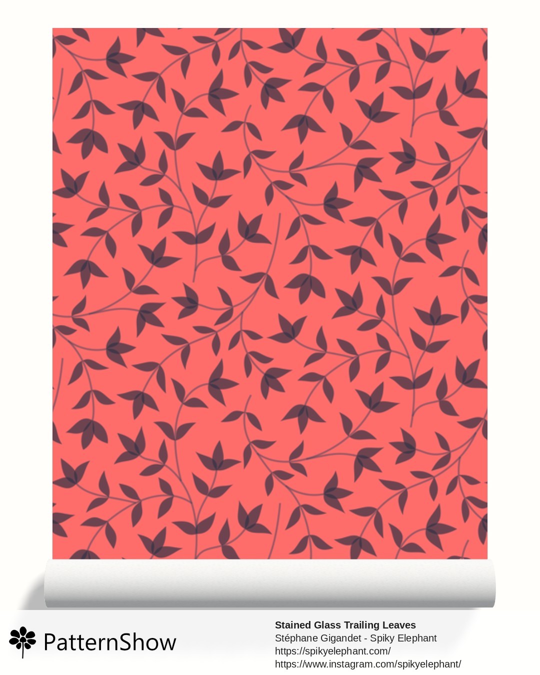 Stained Glass Trailing Leaves wallpaper - Coral Red Indigo Blue Dark Grey