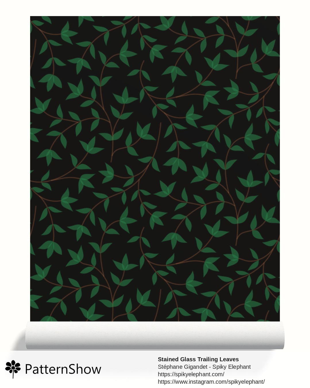 Stained Glass Trailing Leaves wallpaper - Oasis Green Black