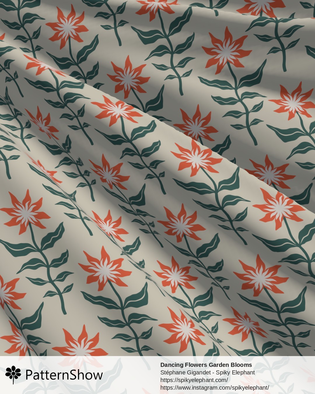 Dancing Flowers Garden Blooms - Red Teal Green Soft Beige