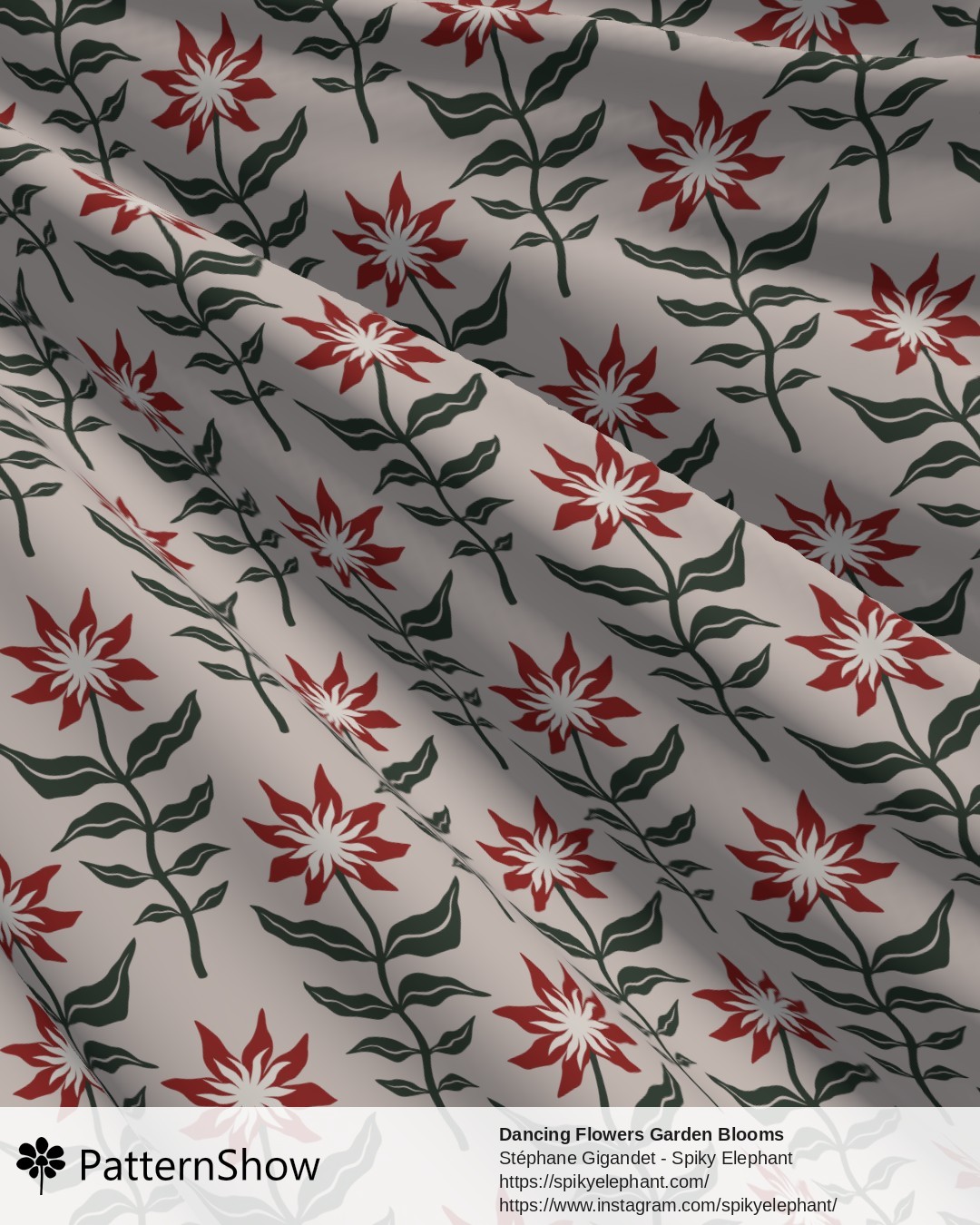 Dancing Flowers Garden Blooms - Deep Pine Red Peach Cream