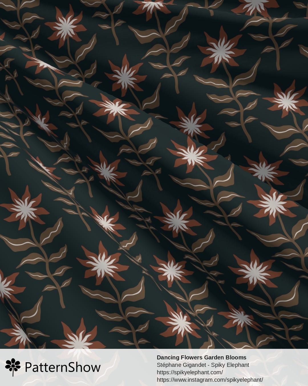 Dancing Flowers Garden Blooms - Old Brown Red Cream Deep Teal