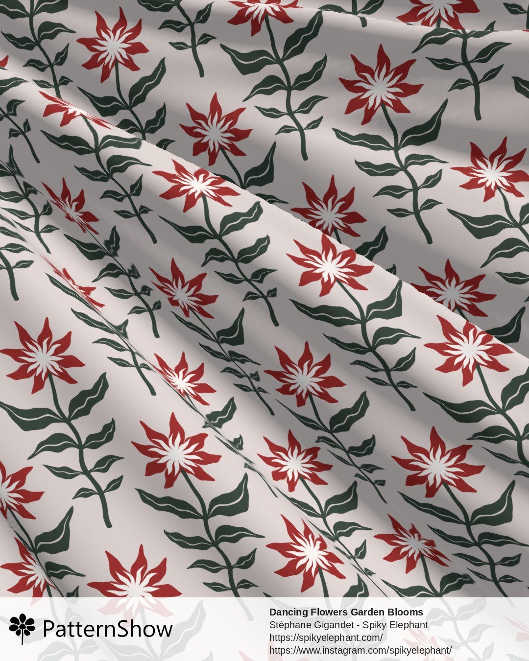 Dancing Flowers Garden Blooms - Deep Pine Red Peach Cream