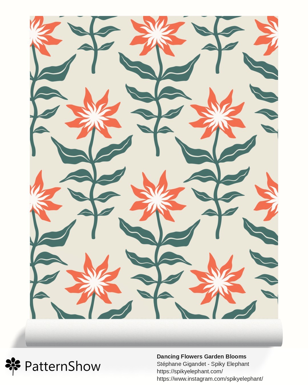 Dancing Flowers Garden Blooms wallpaper - Red Teal Green Soft Beige
