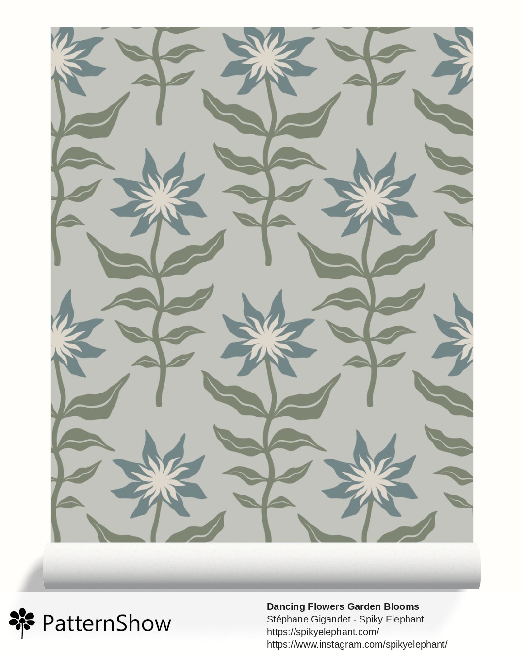 Dancing Flowers Garden Blooms wallpaper - Soft Sage Green Muted Teal Blue