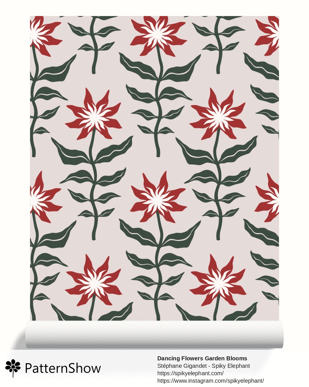 Dancing Flowers Garden Blooms wallpaper - Deep Pine Red Peach Cream