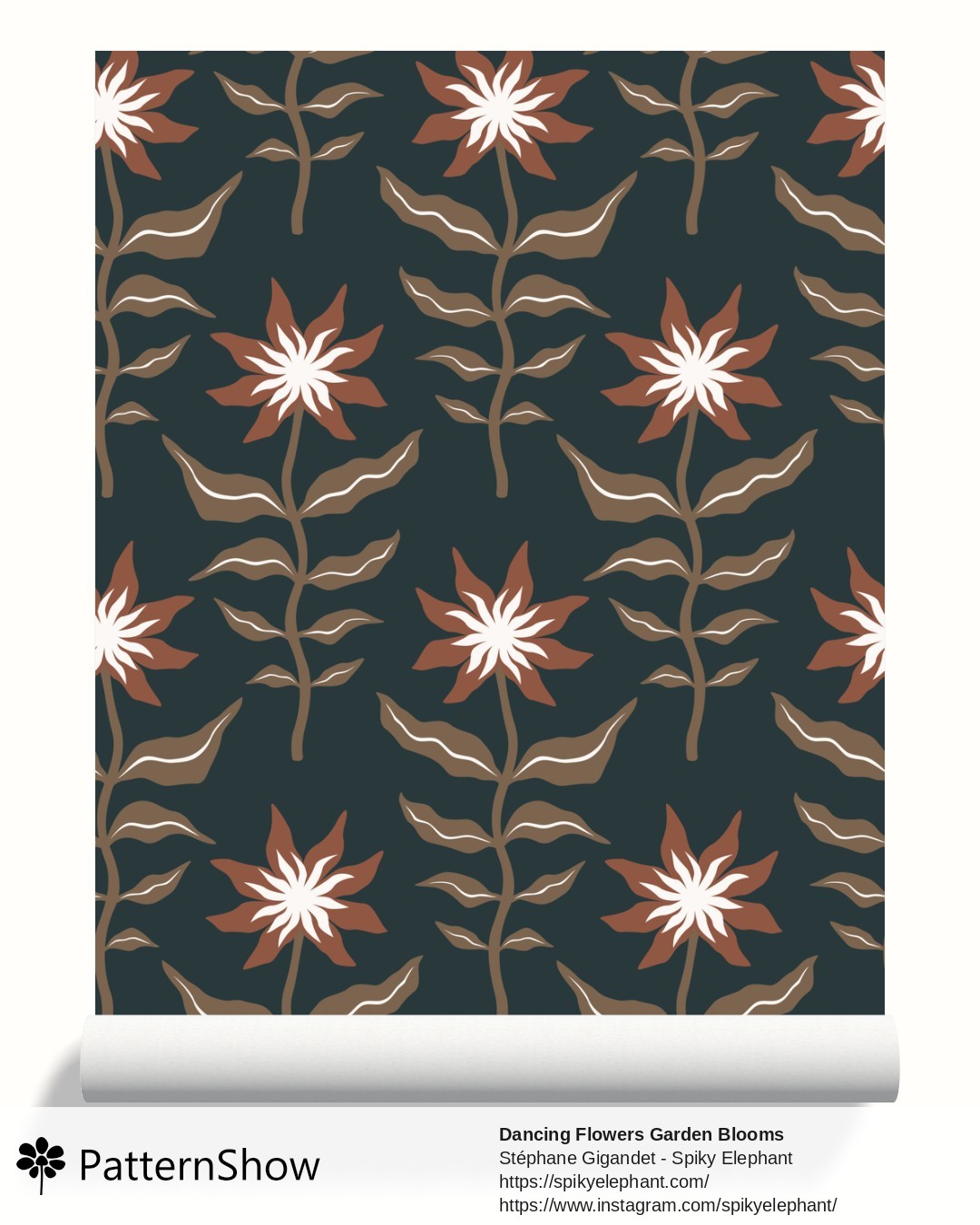 Dancing Flowers Garden Blooms wallpaper - Old Brown Red Cream Deep Teal