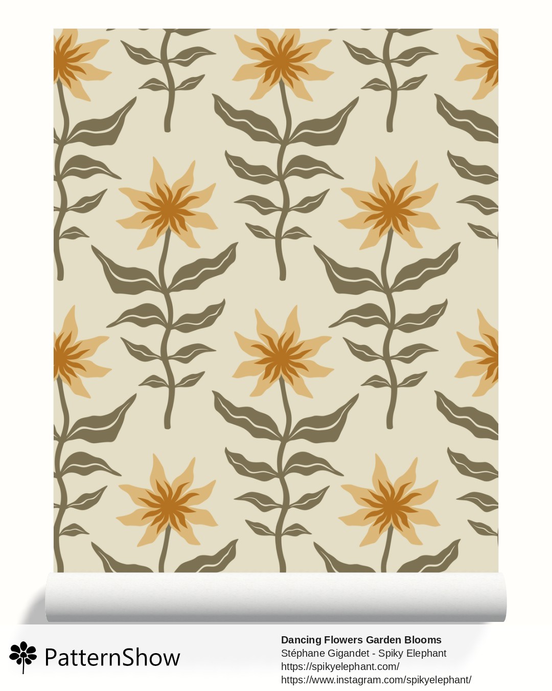 Dancing Flowers Garden Blooms wallpaper - Artichoke Green Brown Beige Cream