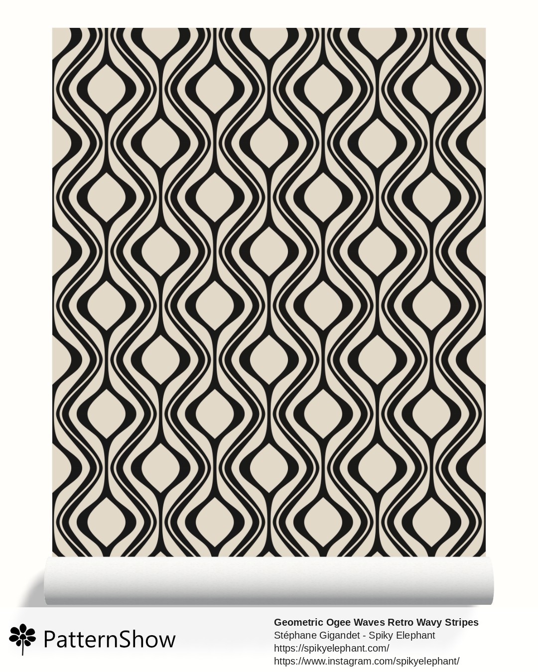 Geometric Ogee Waves Retro Wavy Stripes wallpaper - Black Tan Light Beige