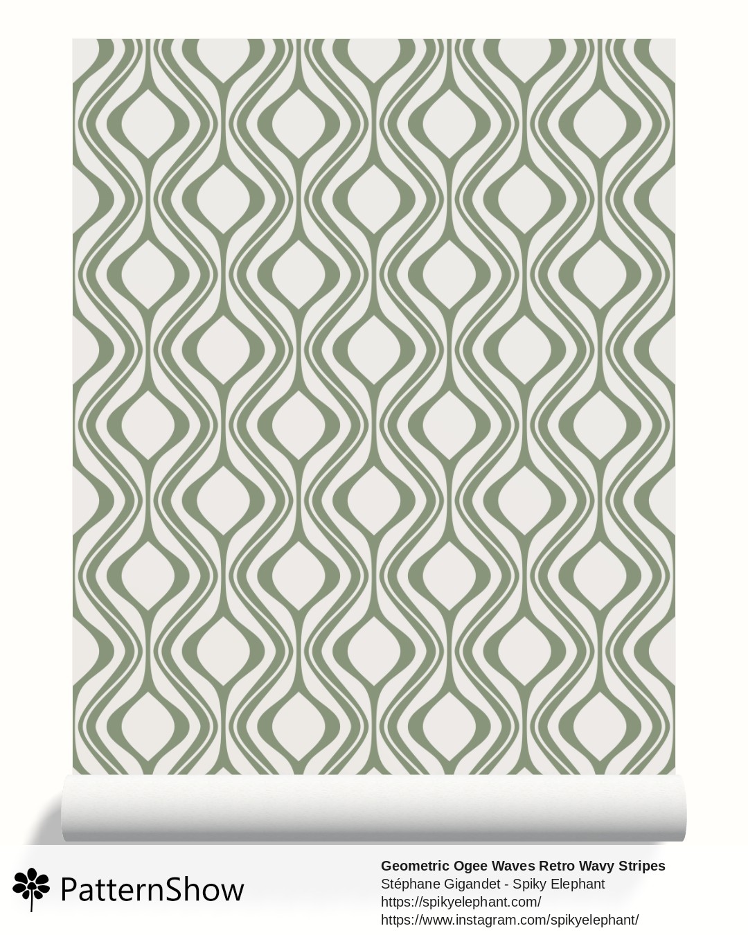 Geometric Ogee Waves Retro Wavy Stripes wallpaper - Dark Sage Green Old Grey