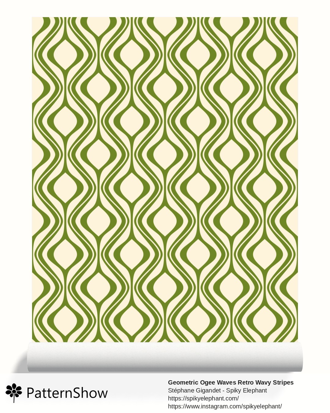 Geometric Ogee Waves Retro Wavy Stripes wallpaper - Blender Olive Green Yellow Cream
