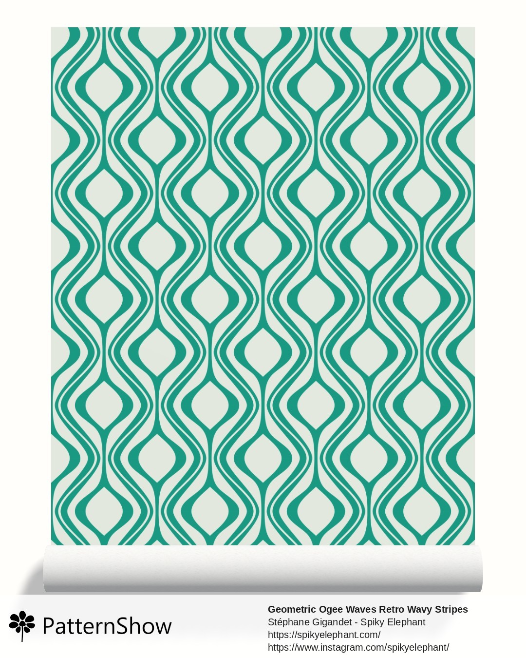 Geometric Ogee Waves Retro Wavy Stripes wallpaper - Teal Emerald Green Cream