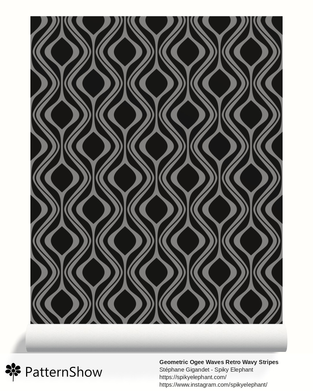 Geometric Ogee Waves Retro Wavy Stripes wallpaper - Dark Grey Black Night