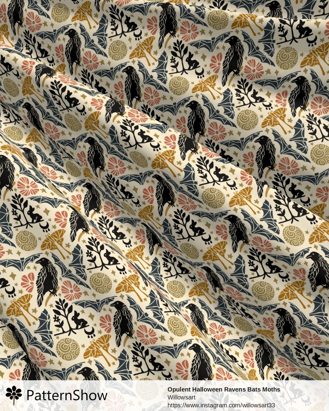 Opulent Halloween Ravens Bats Moths Mystical  - Light cream