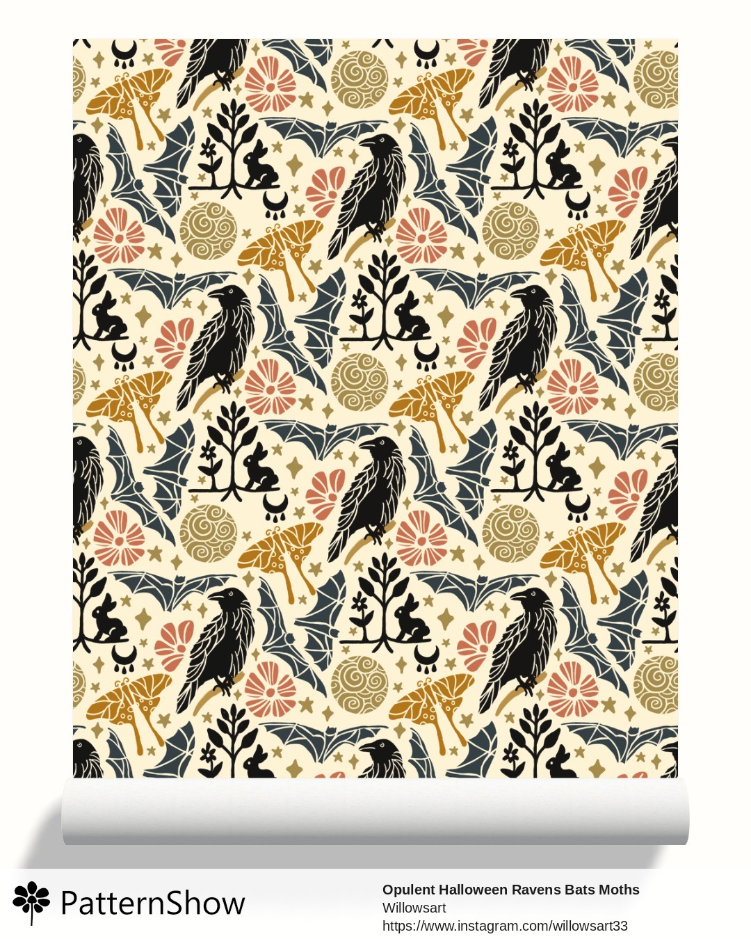 Opulent Halloween Ravens Bats Moths Mystical  wallpaper - Light cream