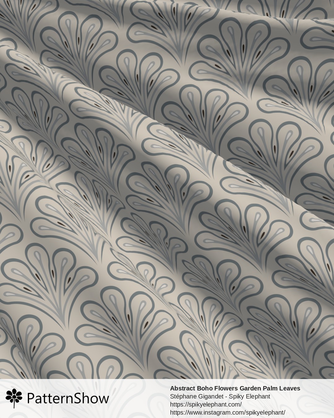 Abstract Boho Flowers Garden Palm Leaves - scallop-blooms.beige-cream-steel-grey-blue-brown.3600x3600