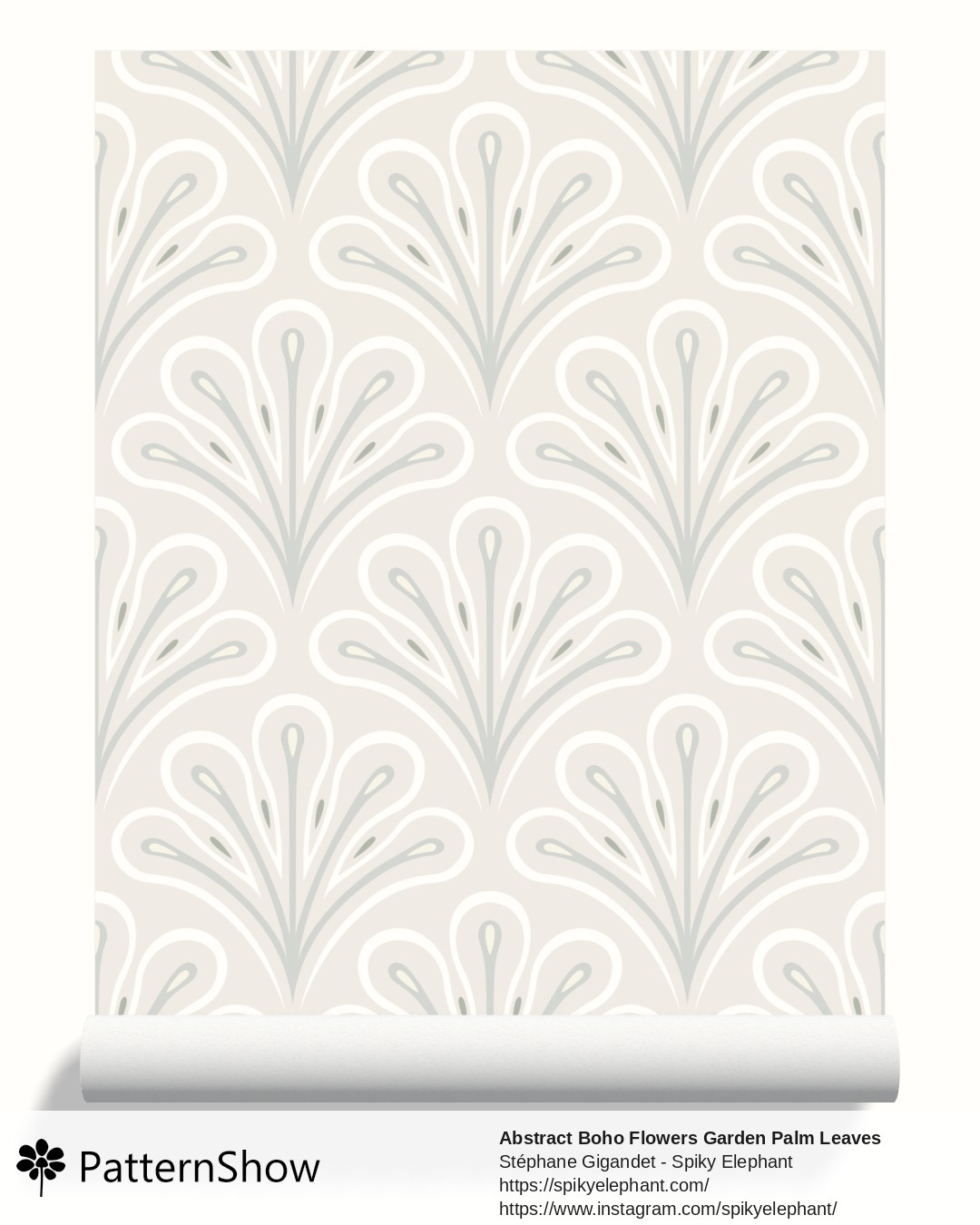 Abstract Boho Flowers Garden Palm Leaves wallpaper - scallop-blooms.ivory-cream-dusty-blue-white-sage-green.3600x3600