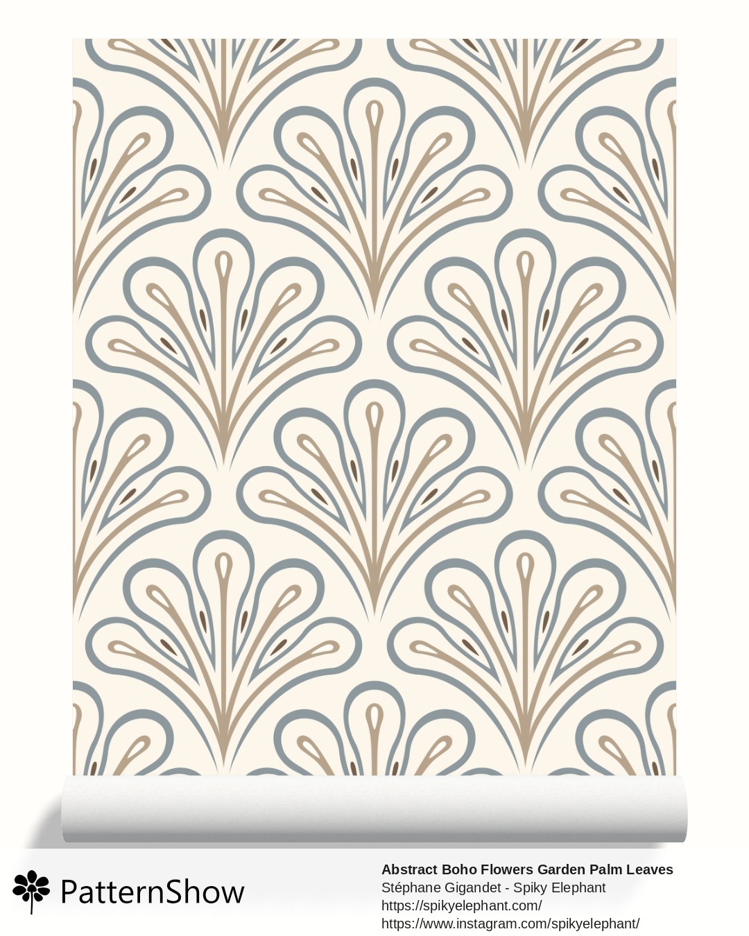 Abstract Boho Flowers Garden Palm Leaves wallpaper - Soft Vanilla Cream Steal Blue Beige Brown