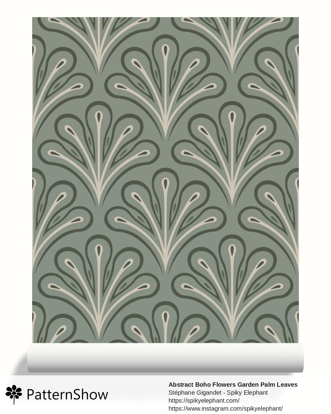 Abstract Boho Flowers Garden Palm Leaves wallpaper - Muted Sage Garden Green Beige Cream