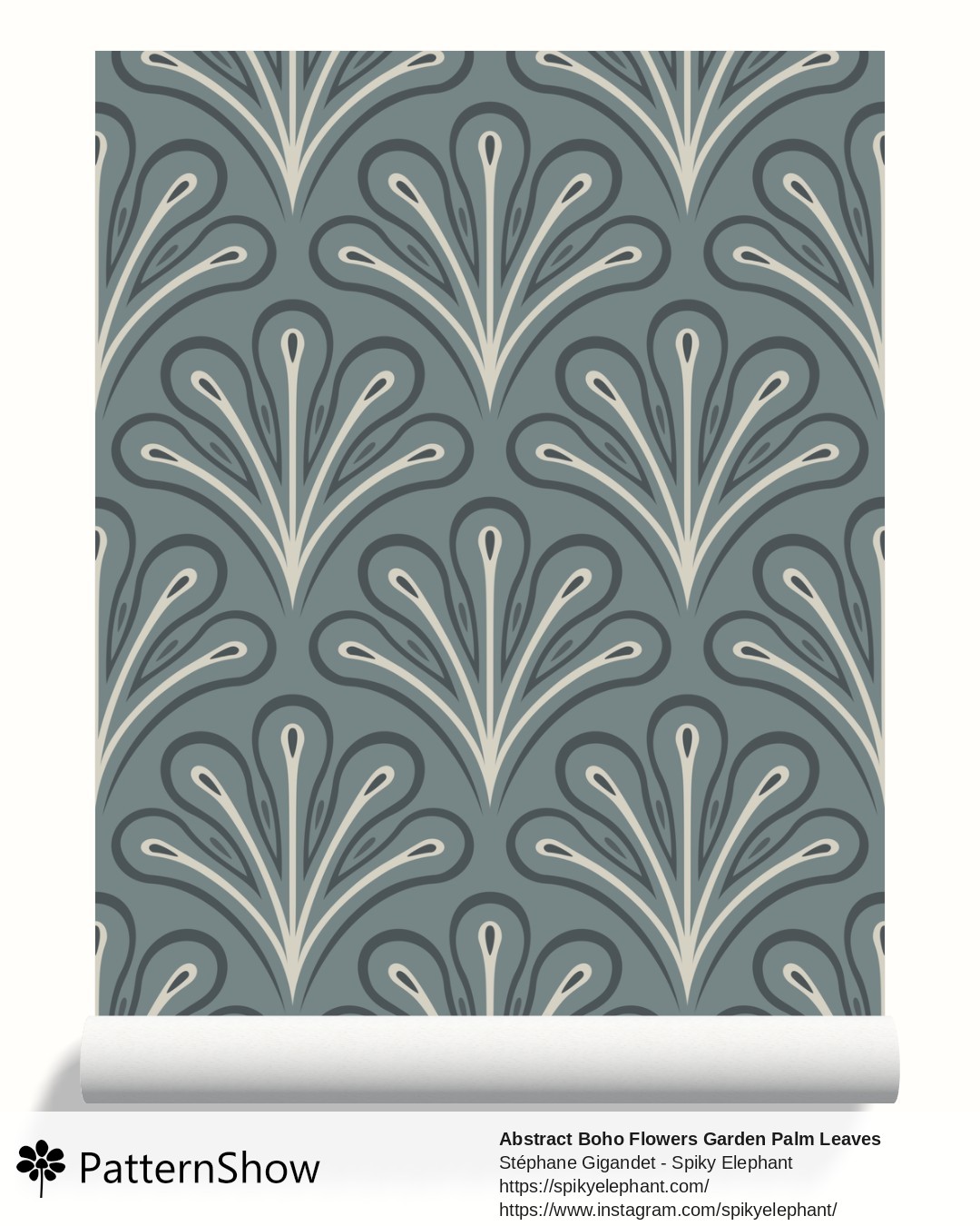 Abstract Boho Flowers Garden Palm Leaves wallpaper - Muted Denim Dark Dusty Blue Beige