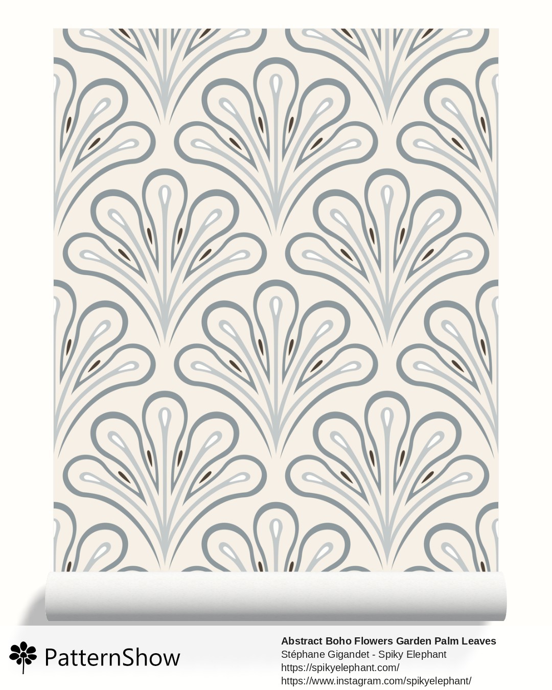 Abstract Boho Flowers Garden Palm Leaves wallpaper - scallop-blooms.beige-cream-steel-grey-blue-brown.3600x3600
