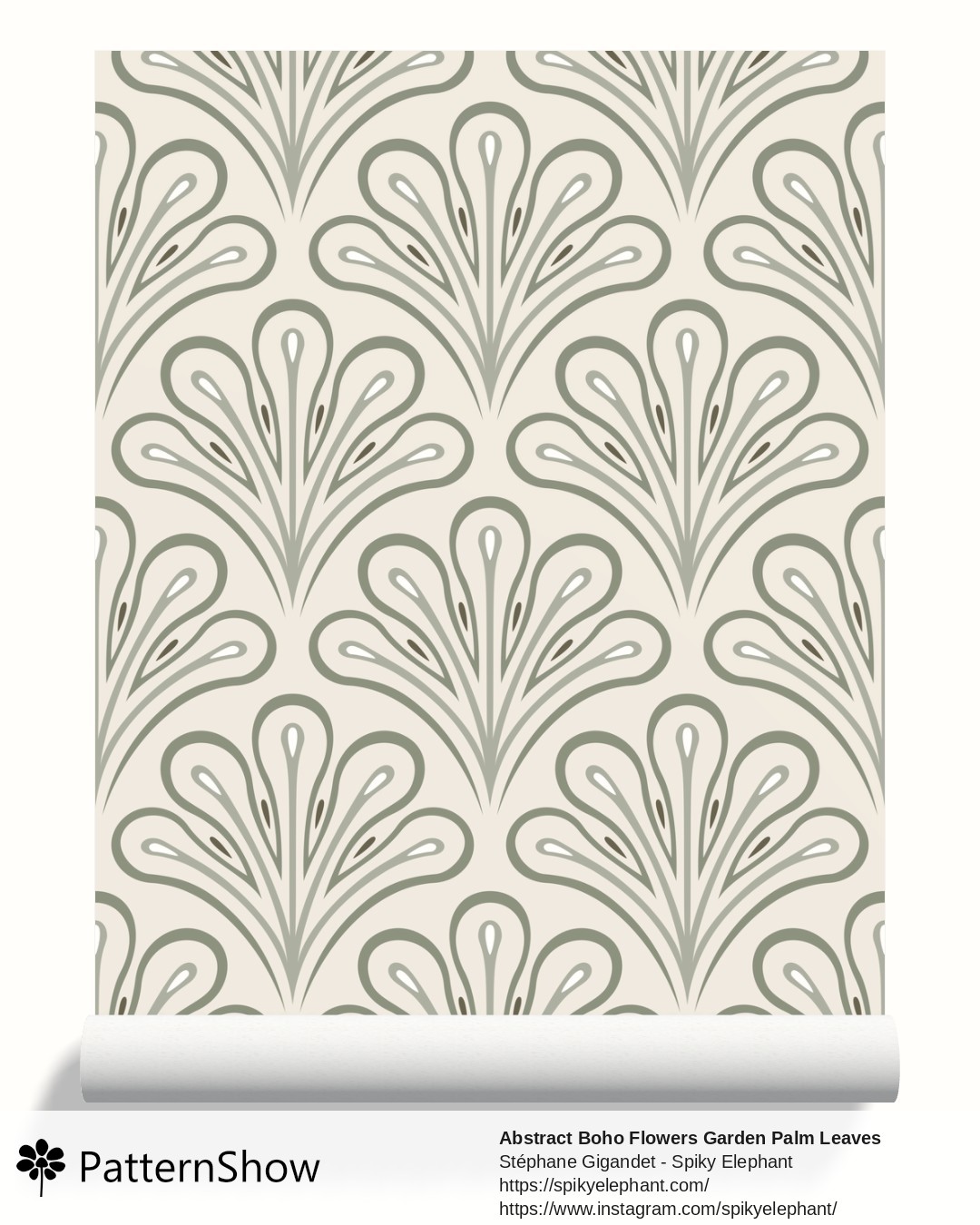 Abstract Boho Flowers Garden Palm Leaves wallpaper - Soft Vintage Beige Garden Artichoke Green