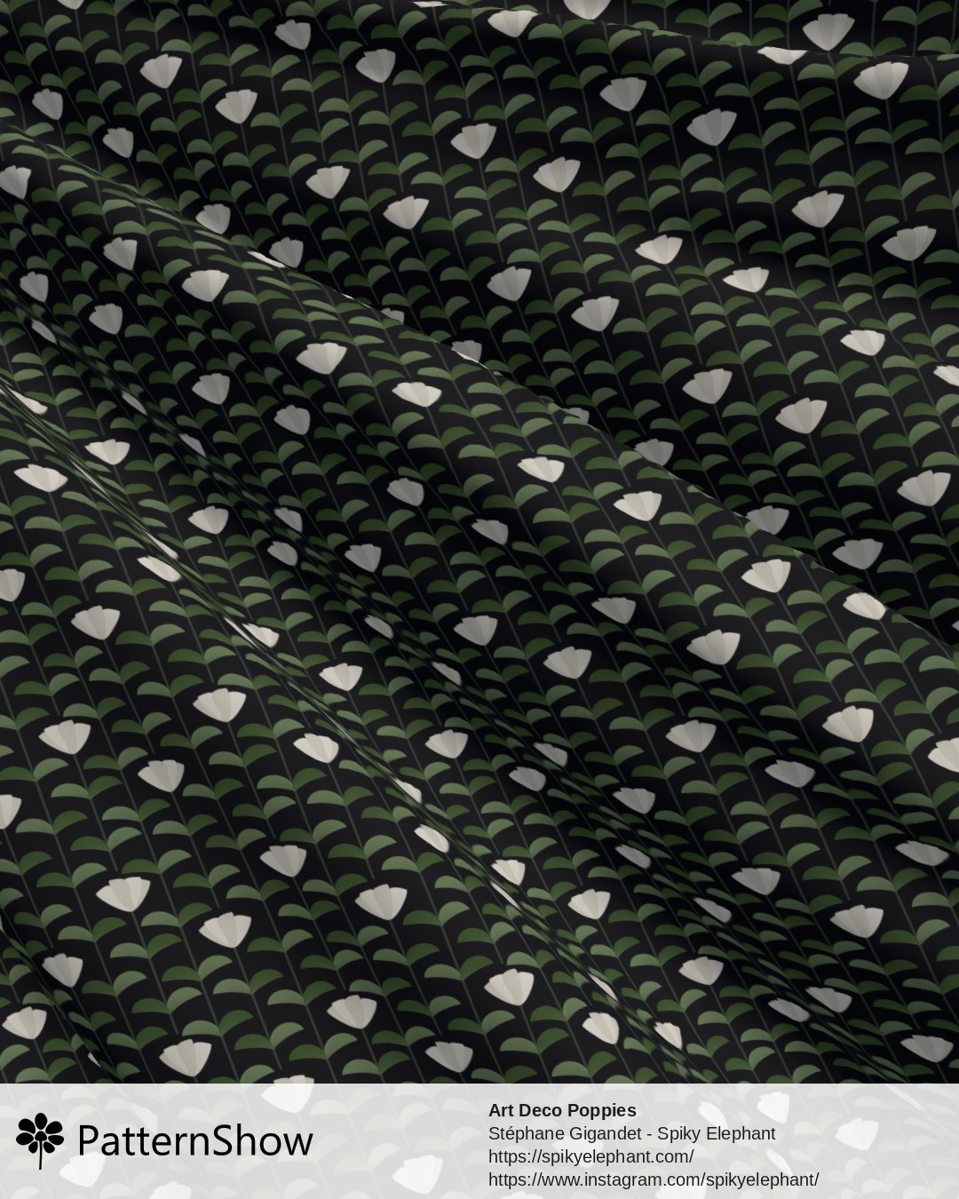 Art Deco Poppies - White Grey Tea Green Midnight Black