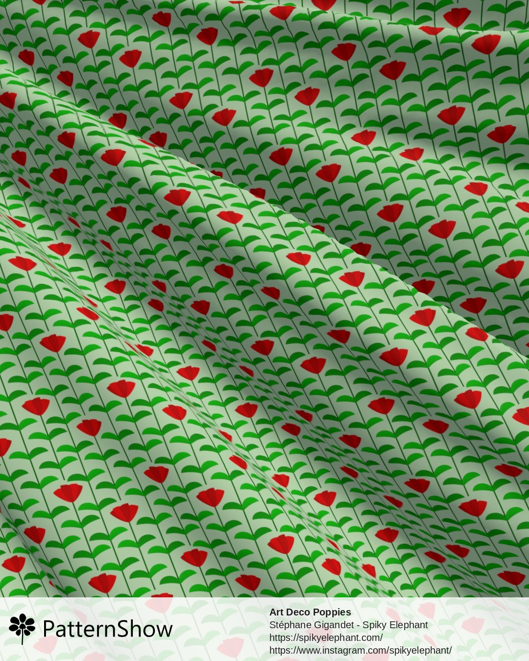 Art Deco Poppies - Red Garden Green Pastel Light