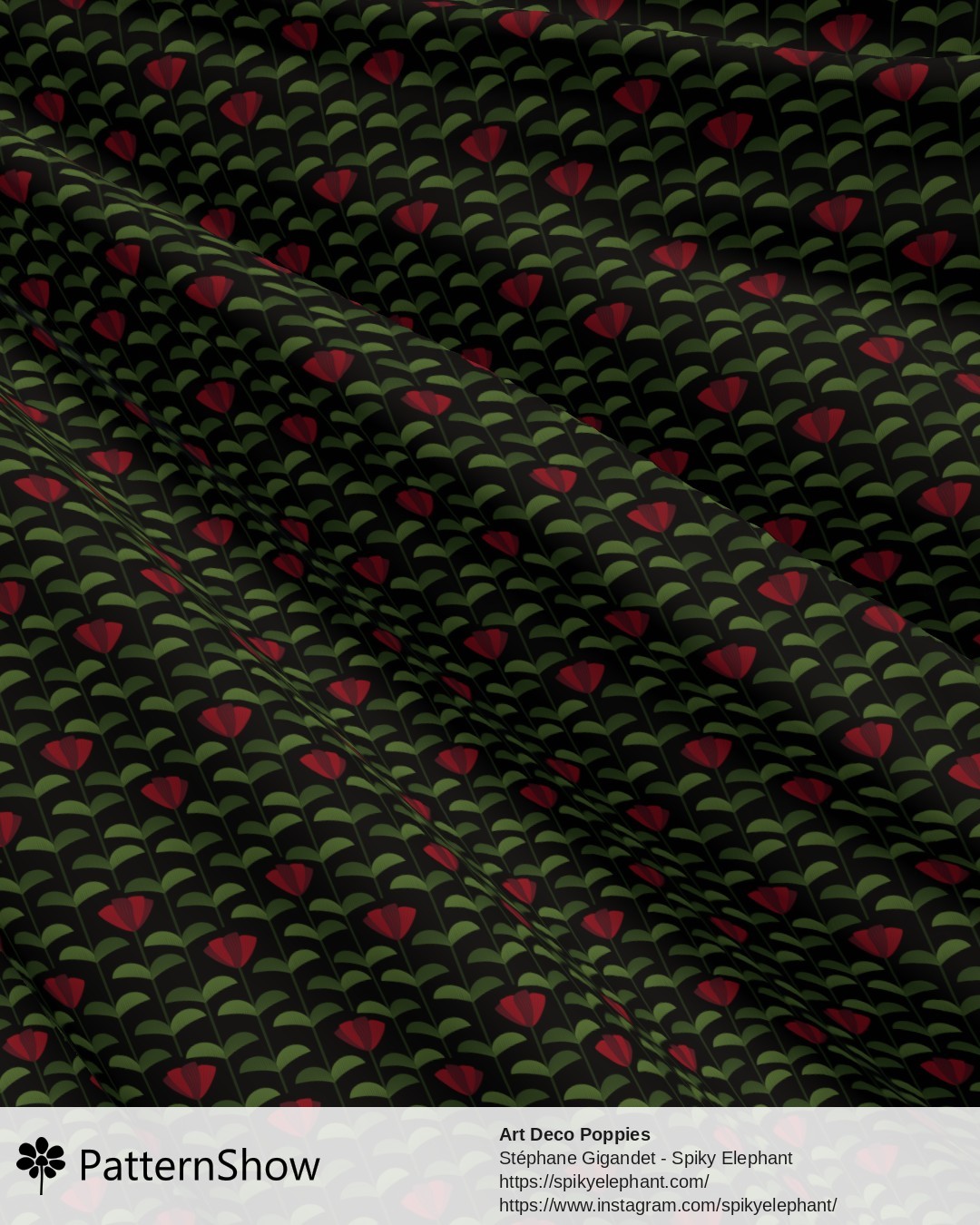 Art Deco Poppies - Red Maroon Olive Green Black