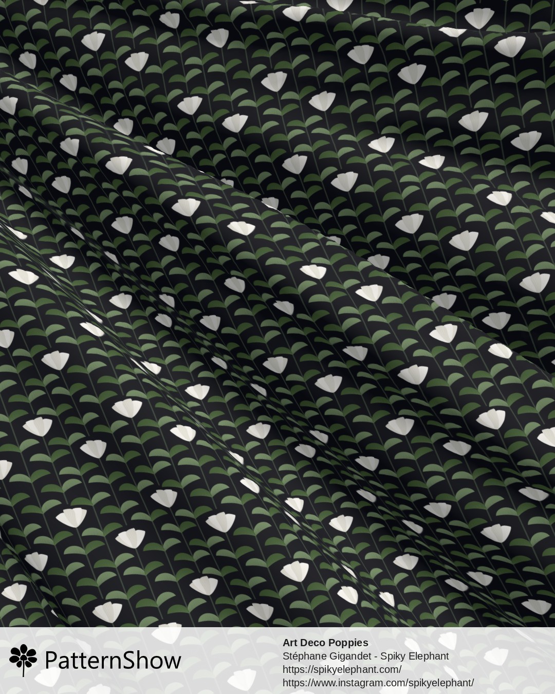 Art Deco Poppies - White Grey Tea Green Midnight Black