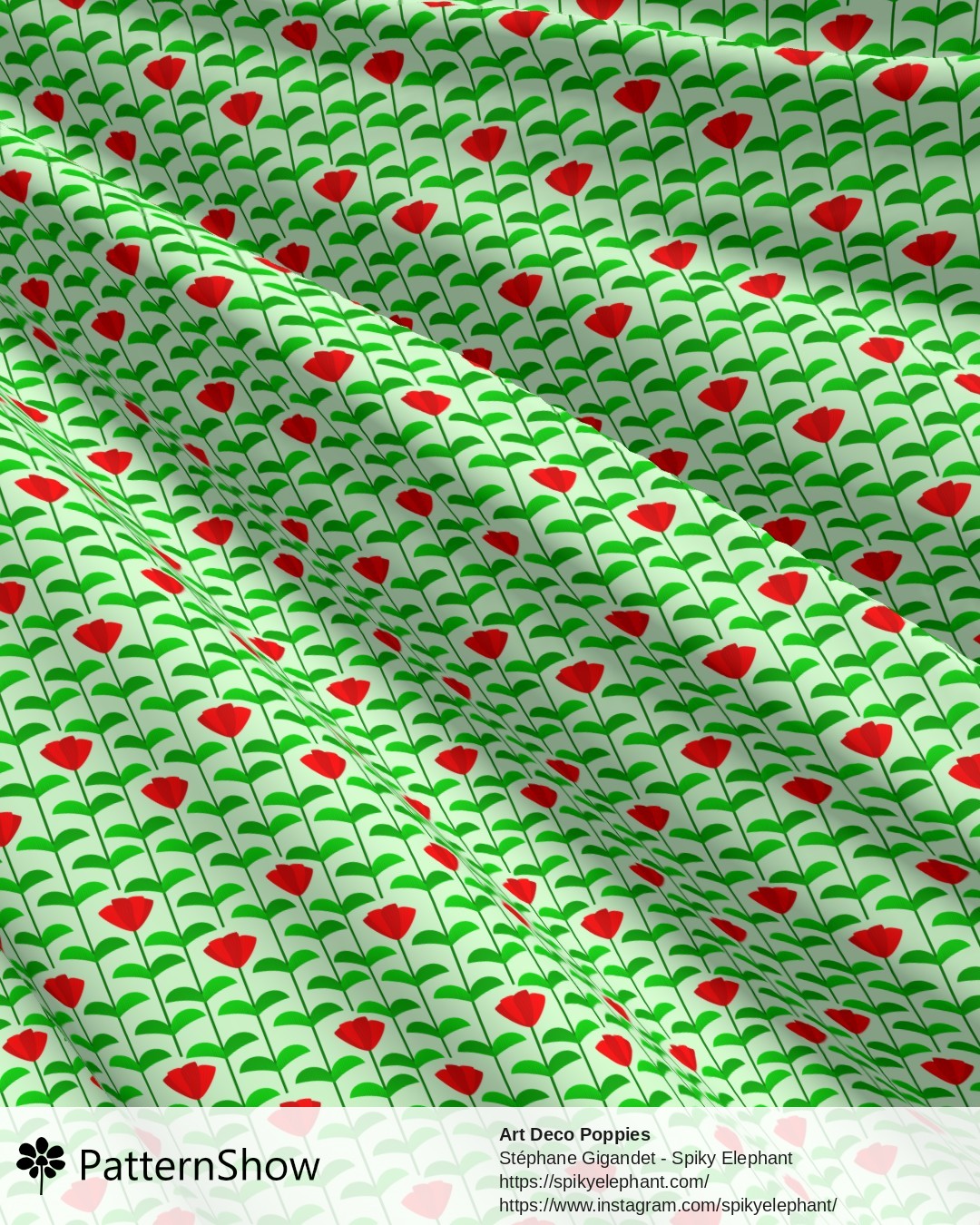 Art Deco Poppies - Red Garden Green Pastel Light