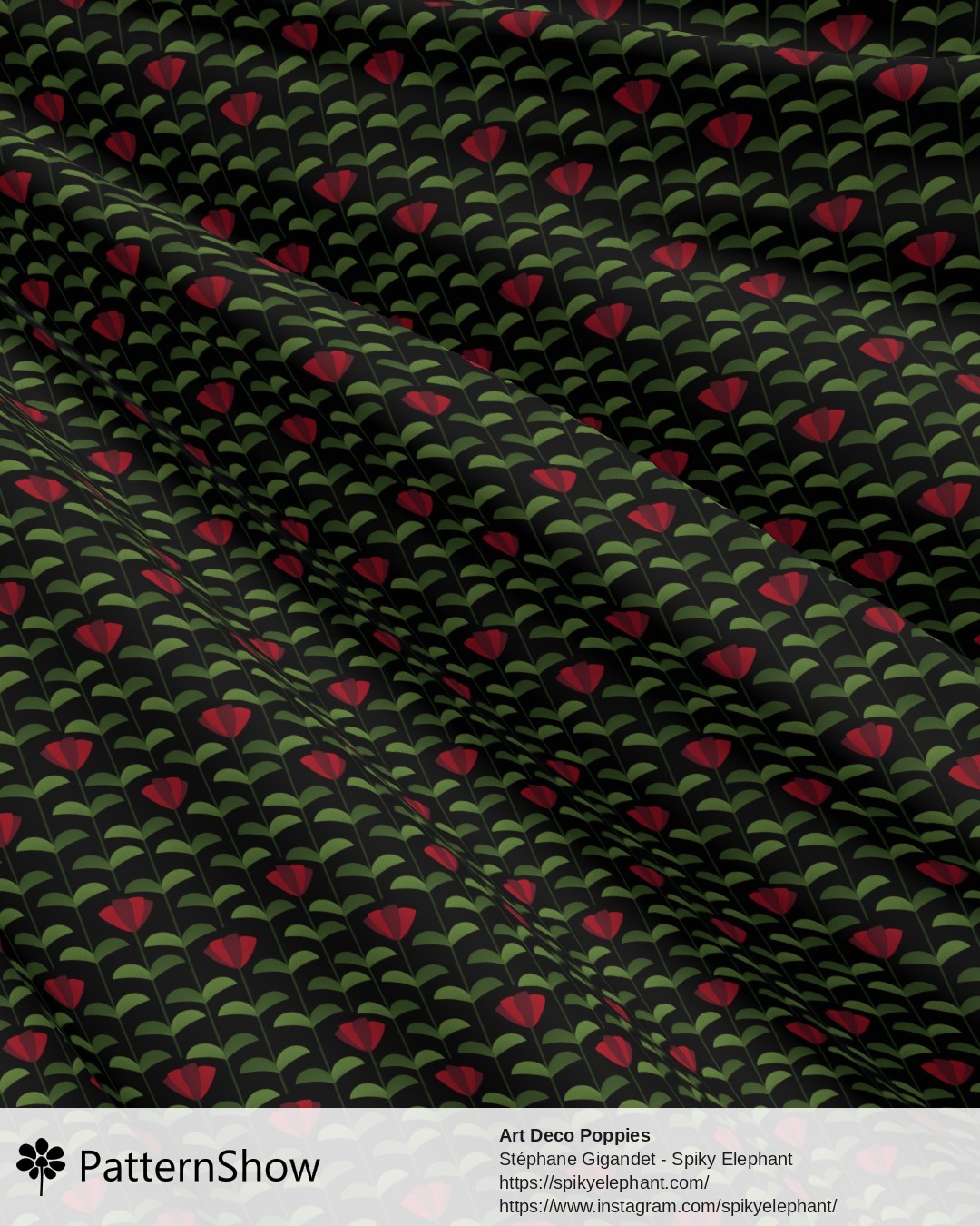 Art Deco Poppies - Red Maroon Olive Green Black