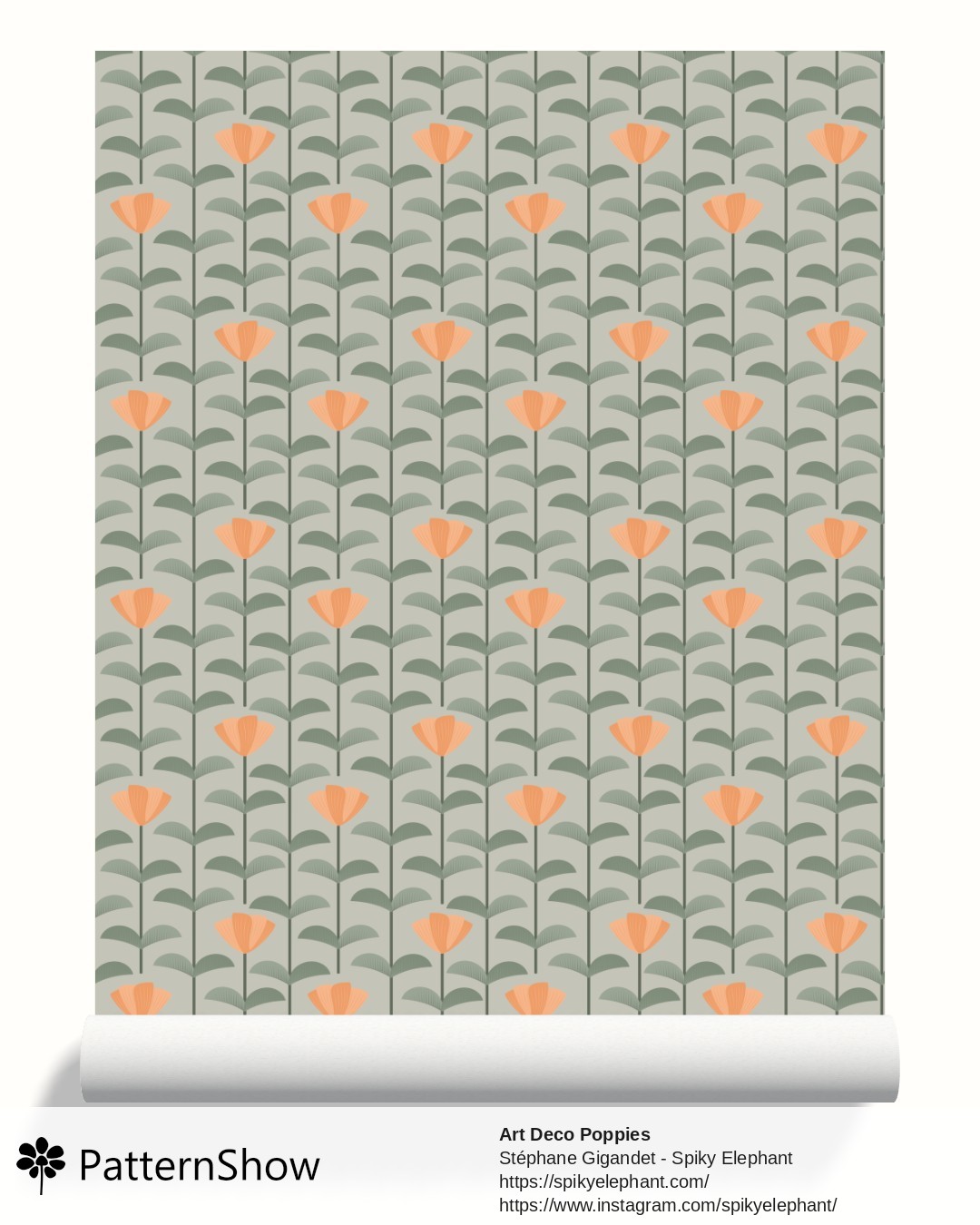 Art Deco Poppies wallpaper - Orange Eucalyptus Forest Sage Green