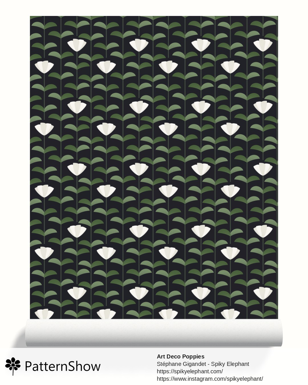 Art Deco Poppies wallpaper - White Grey Tea Green Midnight Black