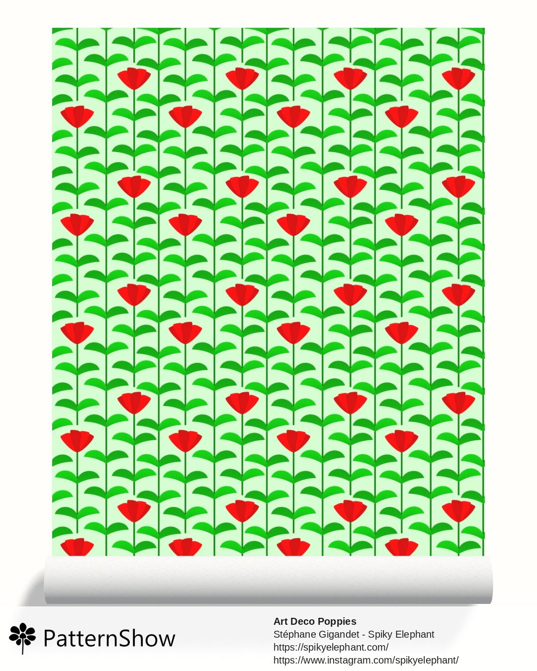 Art Deco Poppies wallpaper - Red Garden Green Pastel Light