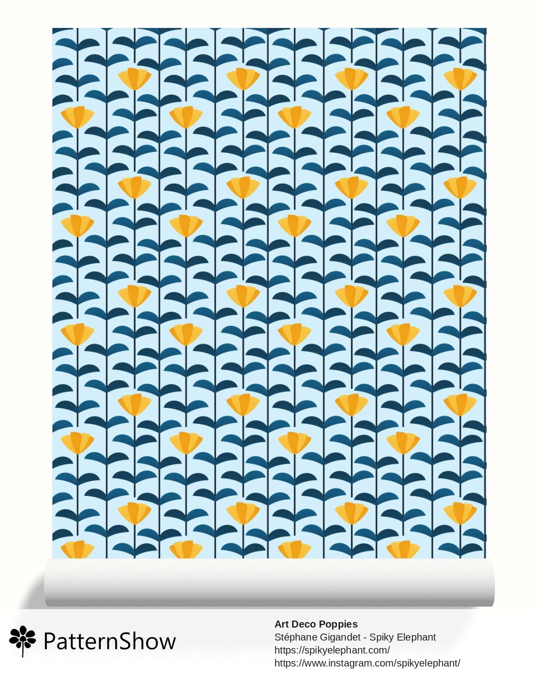 Art Deco Poppies wallpaper - Sunny Yellow Gold Prussian Blue Baby Blue