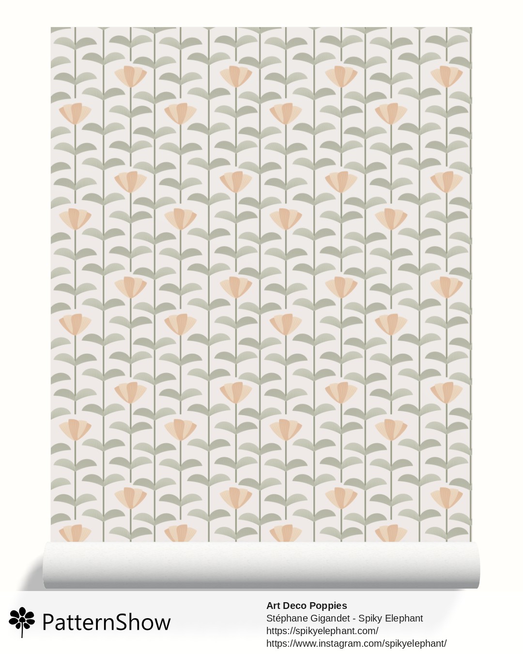Art Deco Poppies wallpaper - Rose Peach Sage Green Light Beige Grey